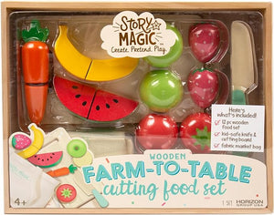 Story Magic Wooden Farm-to-Table Cutting Food Set, Wooden Play Food Toy, Kids Wood Cutting Fruits Vegetables, Toddler Cooking Pretend Play Kitchen Food Se