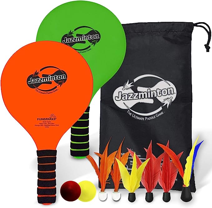 Paddle Ball Game Jazzminton Deluxe with LED Birdie - Indoor/Outdoor Game for Kids, Teens and Adults