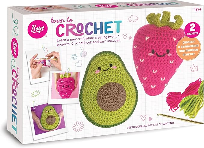 Boye 43-40235 Avocado and Strawberry Stuffie Learn to Crochet Kit for Beginners with 2 Projects, Multicolor, 15 Pieces