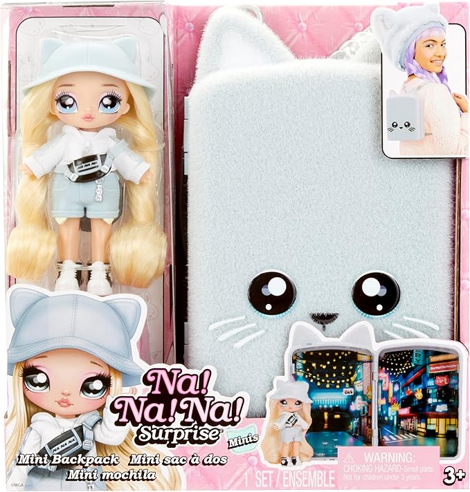 Na Na Na Surprise Mini Backpack Series 2 Khloe Kitty Fashion Doll, Fuzzy White Kitty Backpack, Gift for Kids, Ages 4 5 6 7 8+ Years
