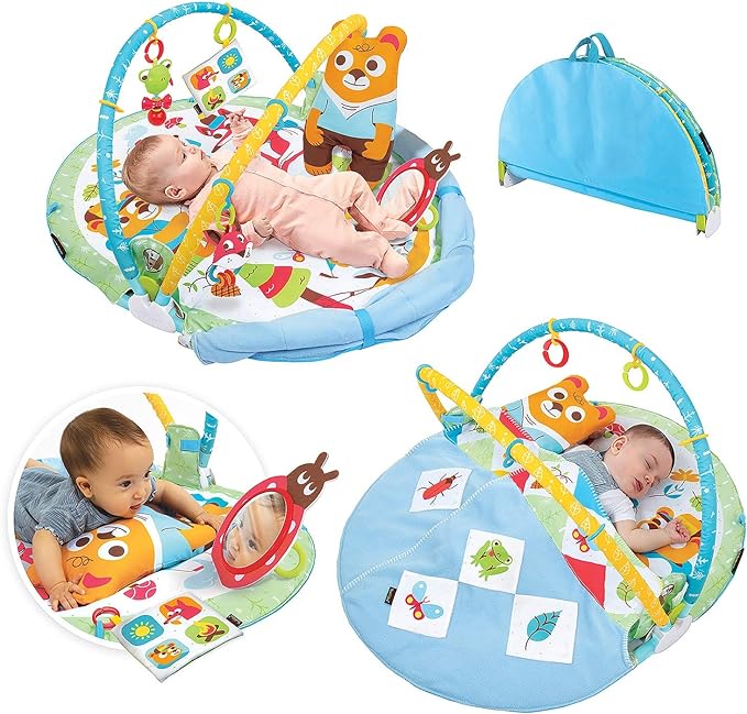 Baby Gym Play 'N’ Nap. 3-in-1 Activity Playmat with Foldable Infant Blanket. Tummy Time Pillow & Mirror, Sensory Toys and Newborn Rattle for 0-12 Months.