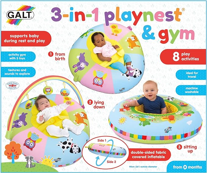 Galt Toys, 3 in 1 Playnest & Gym, Baby Activity Center & Floor Seat, Ages 0+, Multicolor, Model:1004819t, 1 x Inflatable ring included