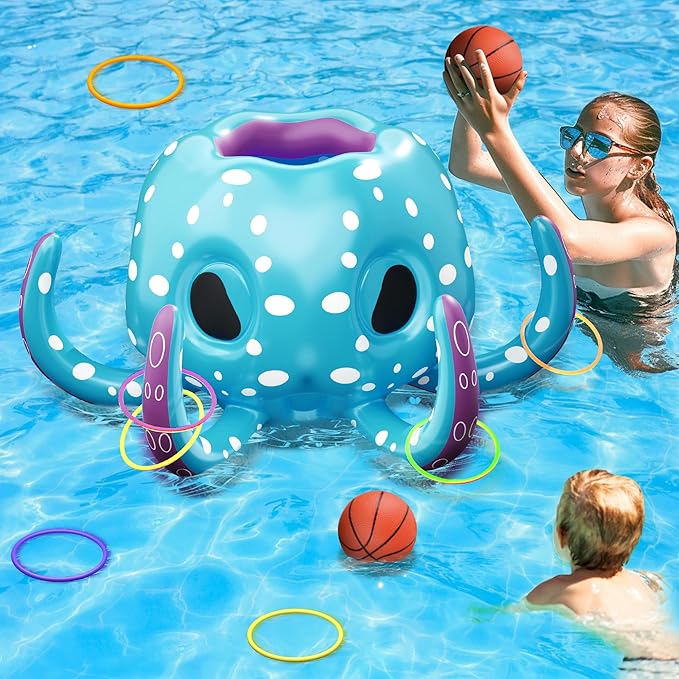 Wave Kids Octopus Pool Toys, 2-in-1 Inflatable Float Water Game, Basketball Hoop Ring Toss Outdoor Swim Play, Cool Summer Family Party Gift 3 4 5 6 7 8 Year Old Boy Girl Child-Blue