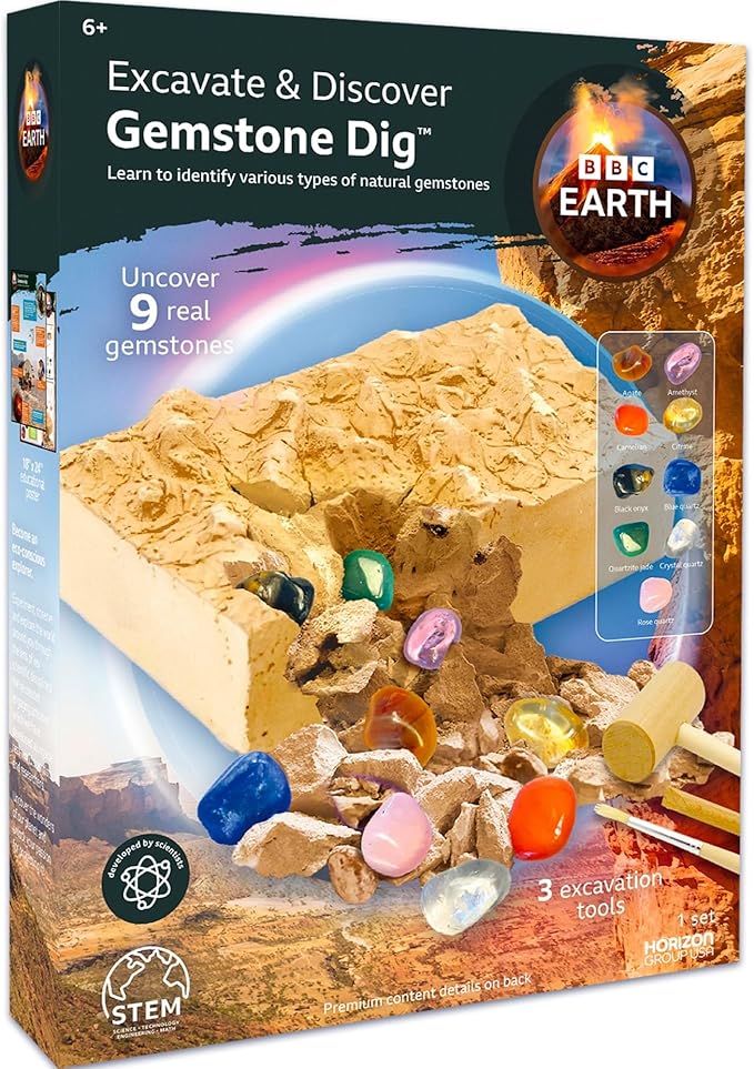 BBC Earth Excavate & Discover Gemstone Dig, Dig Up 9 Real Gemstones & Make Keychains, Rock Digging Excavation Kit, STEM Learning Kit, Kids Science Kit, Great 6 Year Old Boy Birthday Gif