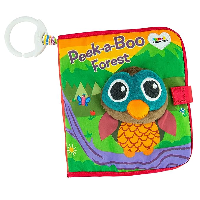 Lamaze Peek-A-Boo Forest Soft Baby Book - Clip-On Cloth Book - Washable Crinkling Fabric Pages for Sensory Play - Teething and Learning Toys for Babies - 6 Months and Up