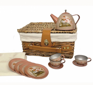 TIN TEA SET FAWN IN A WICKER BASKET