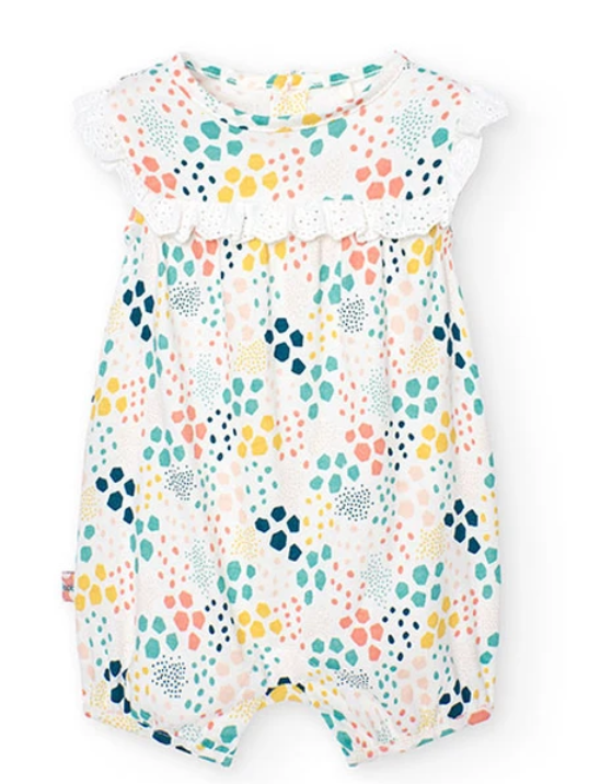 knit baby romper in ecru print