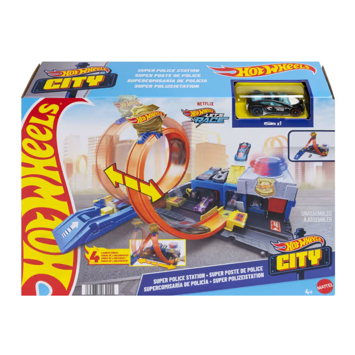 Hot Wheels City Super Police Station Playset With 1:64 Scale Police Toy Car & Adjustable Track Loop