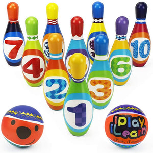 Kids Colorful Bowling Set, Indoor & Outdoor Activity, Set of 10 Numbered Foam Pins & 2 Balls, Soft Foam