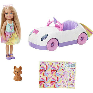 Barbie® Club Chelsea™ Doll (6-inch Blonde) with Open-Top Unicorn Car & Sticker Sheet