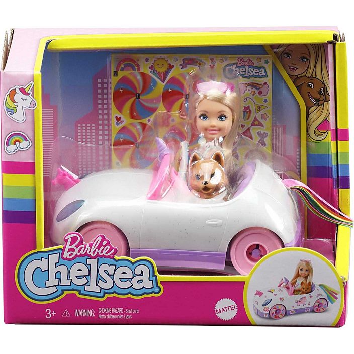 Barbie® Club Chelsea™ Doll (6-inch Blonde) with Open-Top Unicorn Car & Sticker Sheet